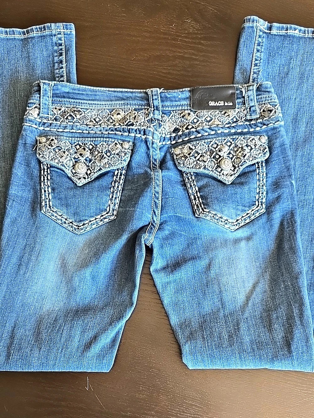 Grace in LA Embellished Bootcut Jeans in Blue Waist 30